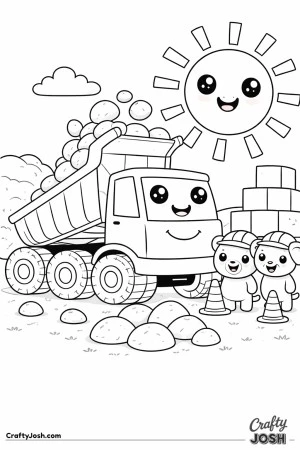 This dump truck features a raised bed dumping large rounded rocks while a puppy and bear construction helpers stand nearby at a playful construction ..
