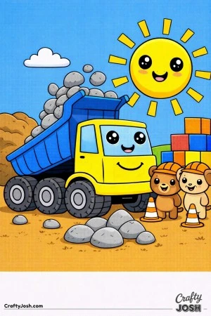 This dump truck features a raised bed dumping large rounded rocks while a puppy and bear construction helpers stand nearby at a playful construction ..