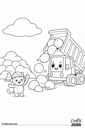 This dump truck coloring page shows a rounded truck driving along a giant rainbow road at a playful construction site