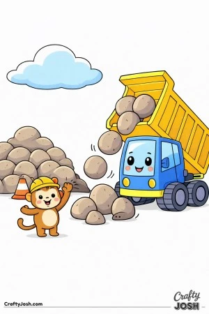 This dump truck coloring page shows a rounded truck driving along a giant rainbow road at a playful construction site