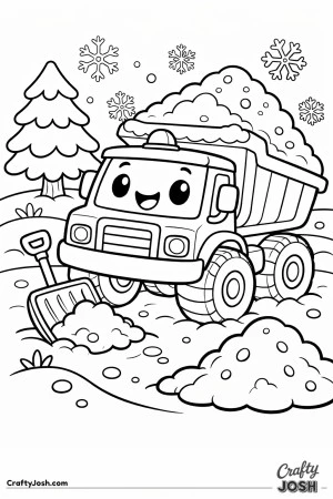 This cute dump truck coloring page features a happy truck carrying snow in a simple winter construction scene with snow piles, a pine tree, and ..