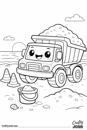 This cute dump truck coloring page features a happy truck delivering sand on a wide beach during a warm sunset with a low sun and calm ocean line