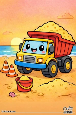 This cute dump truck coloring page features a happy truck delivering sand on a wide beach during a warm sunset with a low sun and calm ocean line