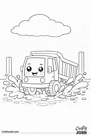 This coloring page shows a dump truck with big excited eyes splashing through a large muddy puddle with rounded mud shapes flying outward
