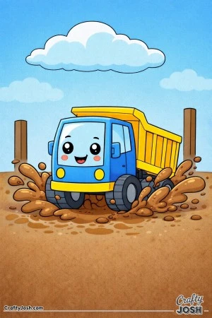 This coloring page shows a dump truck with big excited eyes splashing through a large muddy puddle with rounded mud shapes flying outward