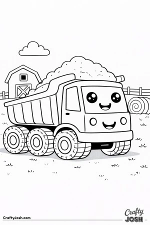 This dump truck features a wide bed filled with dirt and big sparkling eyes set in a simple farm scene with a barn, fence, hay bale, and cloud ..