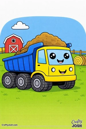 This dump truck features a wide bed filled with dirt and big sparkling eyes set in a simple farm scene with a barn, fence, hay bale, and cloud ..