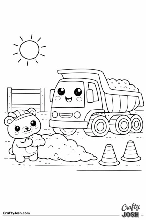 This kawaii dump truck coloring page features a rounded construction vehicle with big wheels and a tilted dump bed beside a bear helper wearing a ..