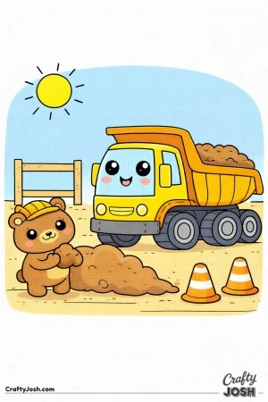 This kawaii dump truck coloring page features a rounded construction vehicle with big wheels and a tilted dump bed beside a bear helper wearing a ..