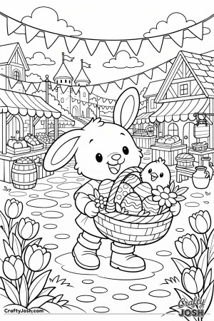 A smiling bunny holds a basket of Easter eggs and a baby chick while standing in a medieval marketplace filled with market stalls, banners, ..