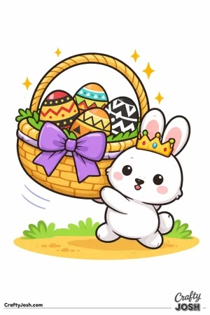 A tiny crowned bunny carries a large Easter basket filled with patterned eggs, with a big bow on the basket and small sparkles around them