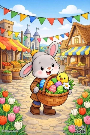 A smiling bunny holds a basket of Easter eggs and a baby chick while standing in a medieval marketplace filled with market stalls, banners, ..