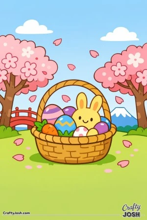 A smiling bunny sits inside an Easter basket filled with decorated eggs and a carrot, surrounded by cherry blossom trees, falling petals, a small ..
