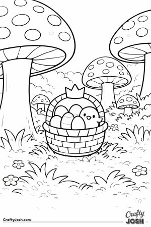 An Easter basket filled with eggs and a small chick sits on the grass in a forest surrounded by tall, spotted mushrooms and simple flowers