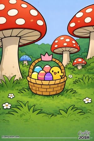 An Easter basket filled with eggs and a small chick sits on the grass in a forest surrounded by tall, spotted mushrooms and simple flowers