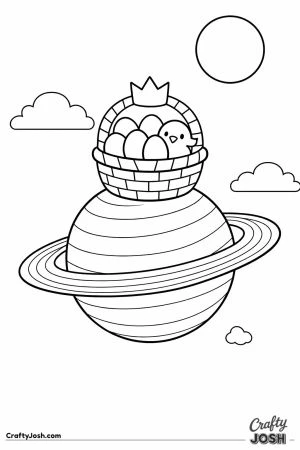 An Easter basket filled with eggs and a small chick sits on top of a ringed planet, with simple clouds and a sun in the sky around it