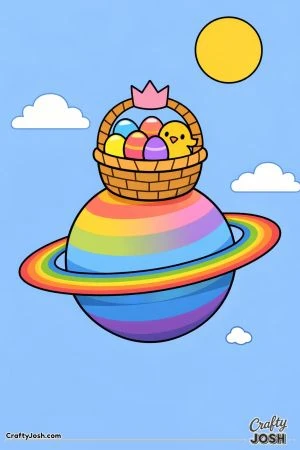 An Easter basket filled with eggs and a small chick sits on top of a ringed planet, with simple clouds and a sun in the sky around it
