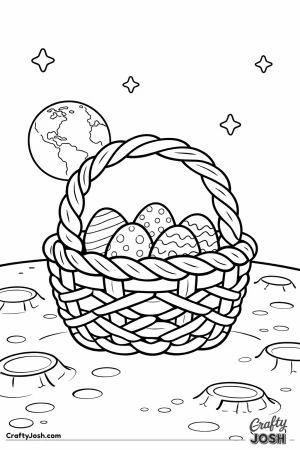 An Easter basket filled with decorated eggs sits on the moon’s surface with Earth and stars visible in the background