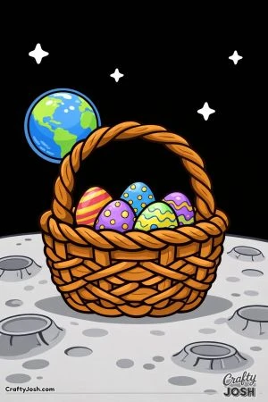 An Easter basket filled with decorated eggs sits on the moon’s surface with Earth and stars visible in the background