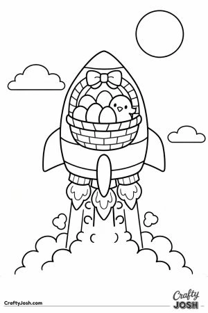 A rocket ship shaped like an Easter basket blasts off into the sky, filled with decorated eggs and a small chick, with flames, smoke clouds, a sun, ..