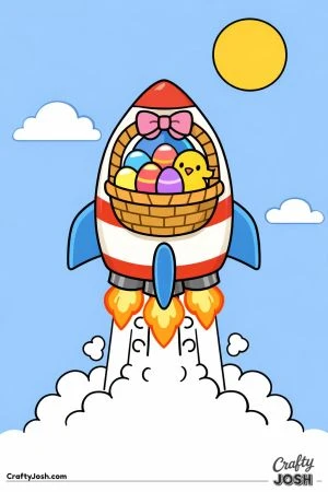 A rocket ship shaped like an Easter basket blasts off into the sky, filled with decorated eggs and a small chick, with flames, smoke clouds, a sun, ..