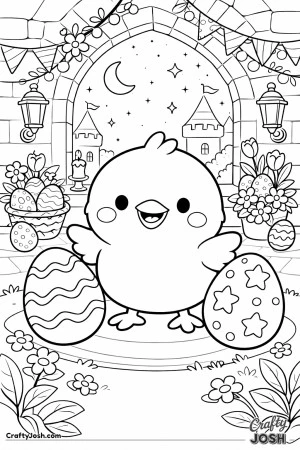 baby chick, smiling chick, easter chick, chocolate eggs, decorated eggs, castle at night, crescent moon, starry sky, castle towers, arched doorway, ..