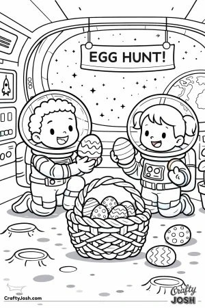 Two astronauts kneel inside a space station holding decorated eggs beside a basket of eggs, with Earth and stars visible through the large window and ..