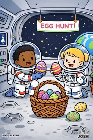 Two astronauts kneel inside a space station holding decorated eggs beside a basket of eggs, with Earth and stars visible through the large window and ..