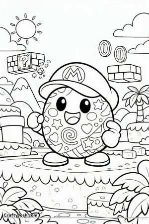 A joyful round egg character with big eyes, a smiling mouth, colorful polka dots, stars, hearts, and swirls on its shell stands on a grassy platform ..