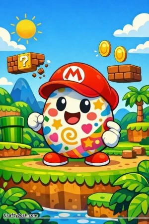 A joyful round egg character with big eyes, a smiling mouth, colorful polka dots, stars, hearts, and swirls on its shell stands on a grassy platform ..