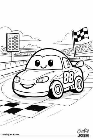 A cute smiling cartoon race car with big eyes is driving on a racetrack with a checkered finish line, flag, and grandstands