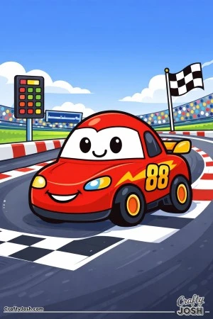 A cute smiling cartoon race car with big eyes is driving on a racetrack with a checkered finish line, flag, and grandstands