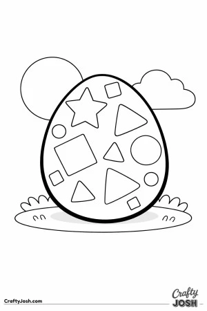 A large Easter egg decorated with simple geometric shapes like stars, triangles, squares, and circles sits on a patch of grass with a sun and a cloud ..