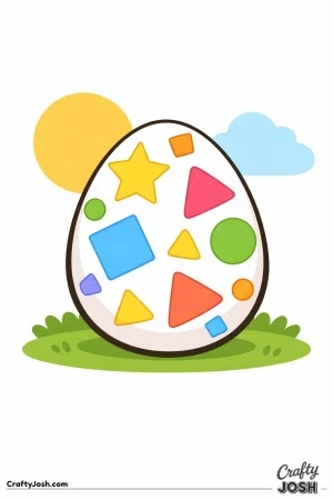 A large Easter egg decorated with simple geometric shapes like stars, triangles, squares, and circles sits on a patch of grass with a sun and a cloud ..