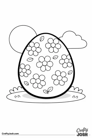 A large Easter egg decorated with simple flowers and leaves sits on a patch of grass with a sun and a cloud in the background