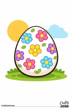 A large Easter egg decorated with simple flowers and leaves sits on a patch of grass with a sun and a cloud in the background