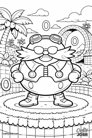 This image shows a round egg-shaped character with goggles, sunglasses, and a big mustache standing in a simple video game-style scene with palm ..