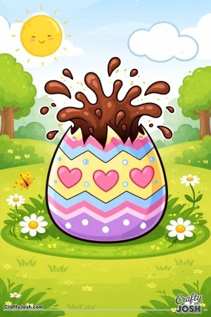 A large cracked Easter egg with zigzag stripes, hearts, and dots is bursting open with chocolate splashing out, surrounded by flowers, trees, a ..