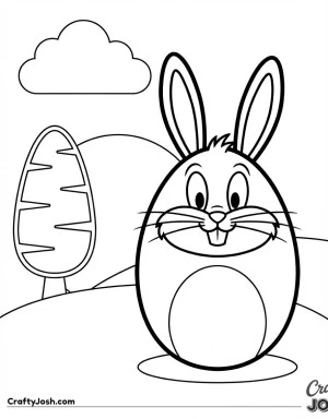 A cheerful gray egg-shaped Bugs Bunny with long ears, big eyes, a pink nose, whiskers, and a toothy grin stands happily in a green grassy area, with ..
