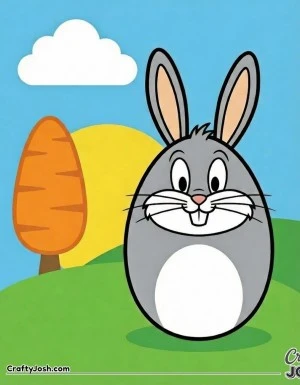 A cheerful gray egg-shaped Bugs Bunny with long ears, big eyes, a pink nose, whiskers, and a toothy grin stands happily in a green grassy area, with ..