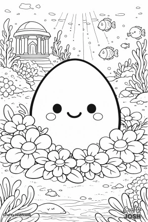 A smiling egg sits in a big flower patch underwater, with fish, sea plants, bubbles, and a domed building in the background