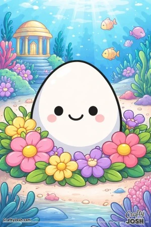 A smiling egg sits in a big flower patch underwater, with fish, sea plants, bubbles, and a domed building in the background