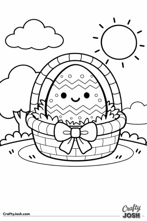 A smiling patterned egg sits inside a small basket with a bow, surrounded by grass, a tree, clouds, and a sun