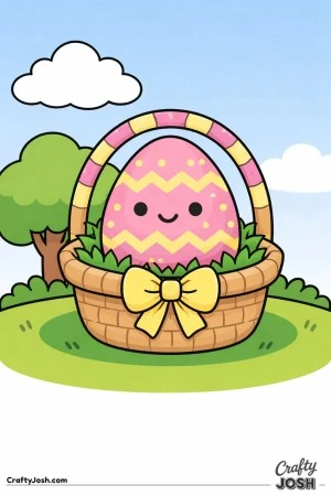 A smiling patterned egg sits inside a small basket with a bow, surrounded by grass, a tree, clouds, and a sun