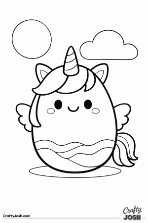 This image shows a cute egg designed to look like a unicorn, with a horn, small wings, a smiling face, and a simple sun and cloud in the background