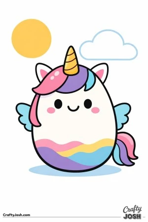 This image shows a cute egg designed to look like a unicorn, with a horn, small wings, a smiling face, and a simple sun and cloud in the background