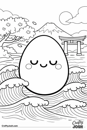 A smiling egg sits among large wavy ocean lines with a mountain, cherry blossom tree, torii gate, sun, and clouds in the background