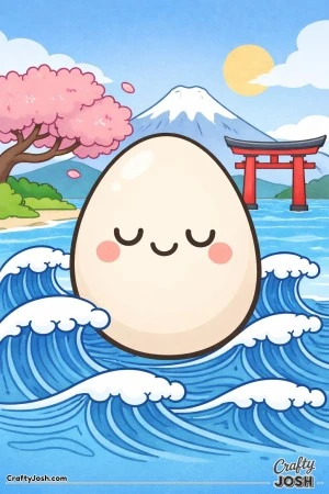 A smiling egg sits among large wavy ocean lines with a mountain, cherry blossom tree, torii gate, sun, and clouds in the background