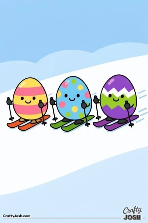Three smiling Easter eggs with stripes, polka dots, and zigzag patterns are skiing side by side down a snowy hill