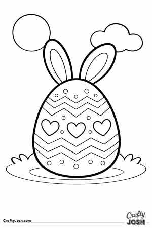 A large Easter egg with bunny ears is decorated with zigzag stripes, hearts, and small dots, with a sun and cloud above